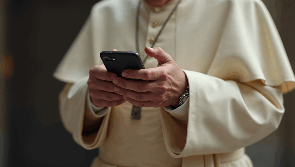 Manos del Papa usando un celular mientras busca información en internet
